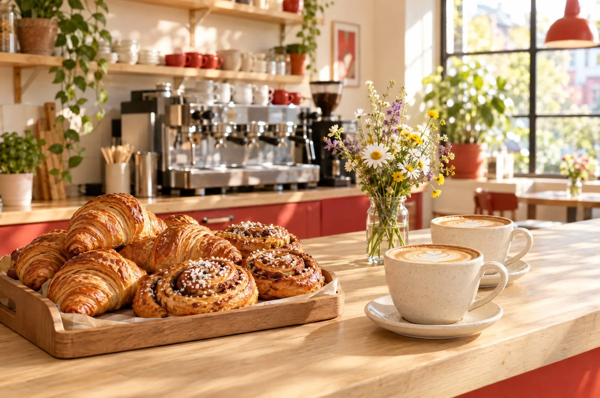 Tresen mit frischen Croissants, Zimtschnecken, zwei Cappuccino und einem Wildblumenstrauß