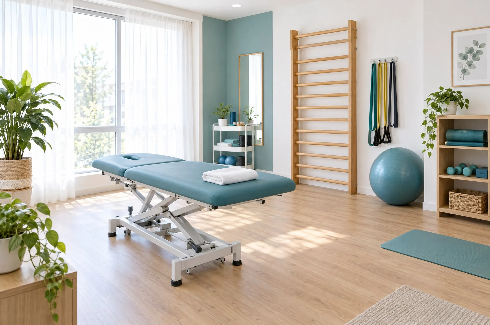 Heller Behandlungsraum mit Therapieliege, Sprossenwand und Pflanzen